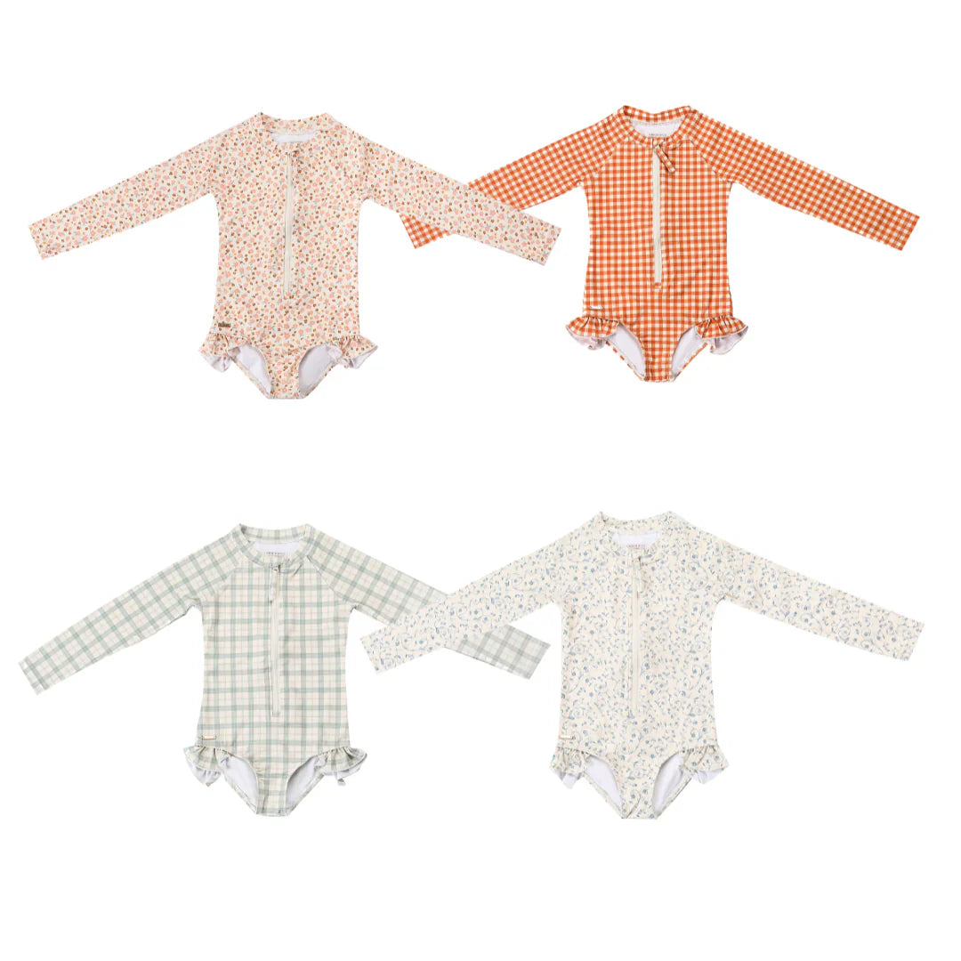 Long Sleeve Rashguard Ruffle Swimsuit | UPF + Recycled - Sienna Gingham
