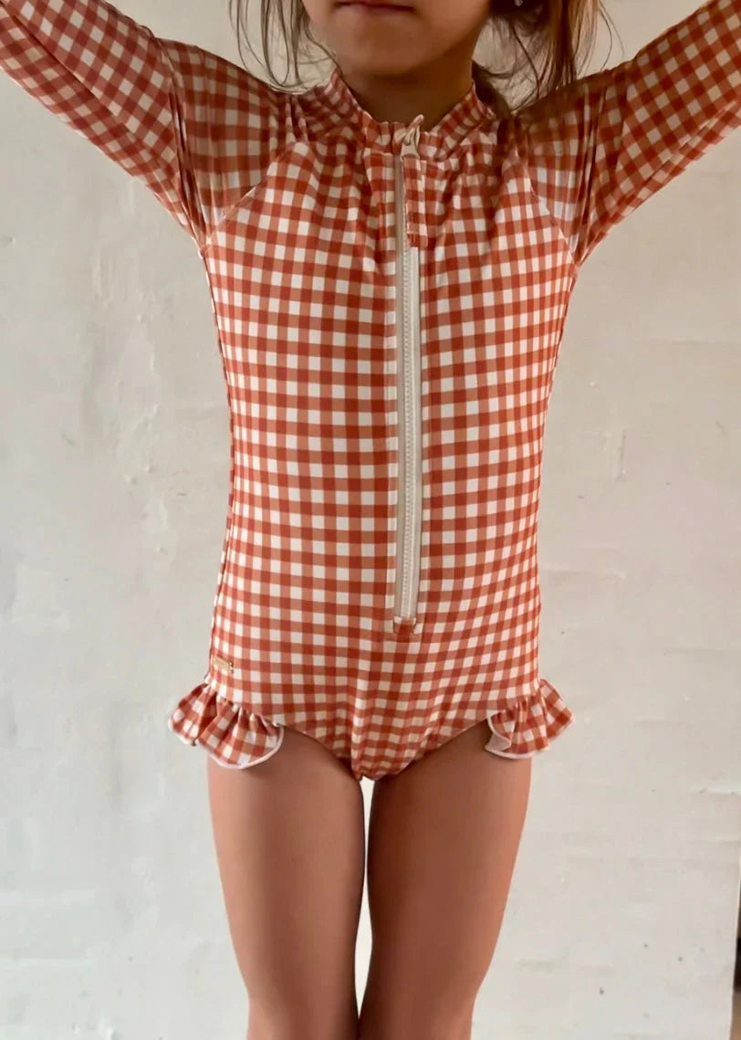 Long Sleeve Rashguard Ruffle Swimsuit | UPF + Recycled - Sienna Gingham