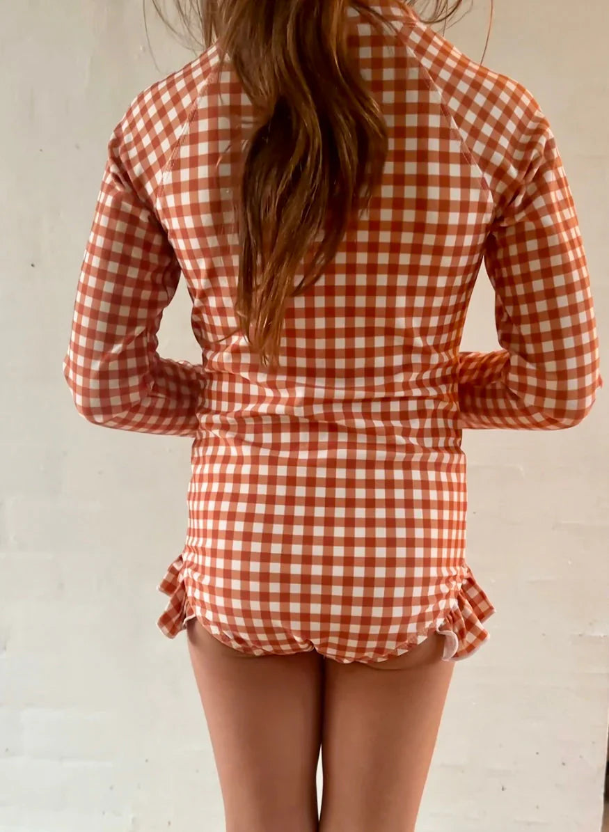 Long Sleeve Rashguard Ruffle Swimsuit | UPF + Recycled - Sienna Gingham