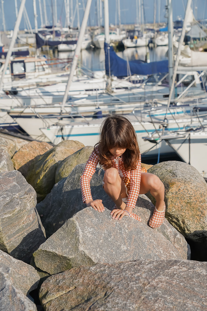 Long Sleeve Rashguard Ruffle Swimsuit | UPF + Recycled - Sienna Gingham