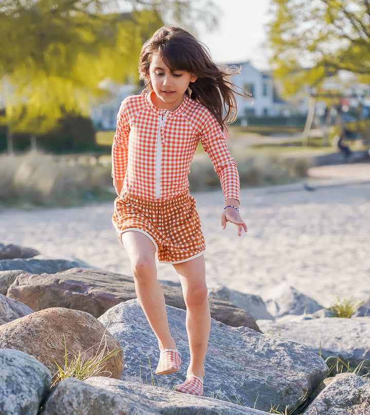 Long Sleeve Rashguard Ruffle Swimsuit | UPF + Recycled - Sienna Gingham