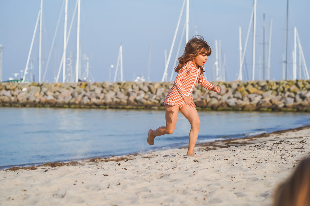 Long Sleeve Rashguard Ruffle Swimsuit | UPF + Recycled - Sienna Gingham