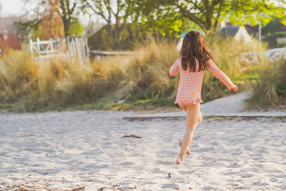 Long Sleeve Rashguard Ruffle Swimsuit | UPF + Recycled - Sienna Gingham
