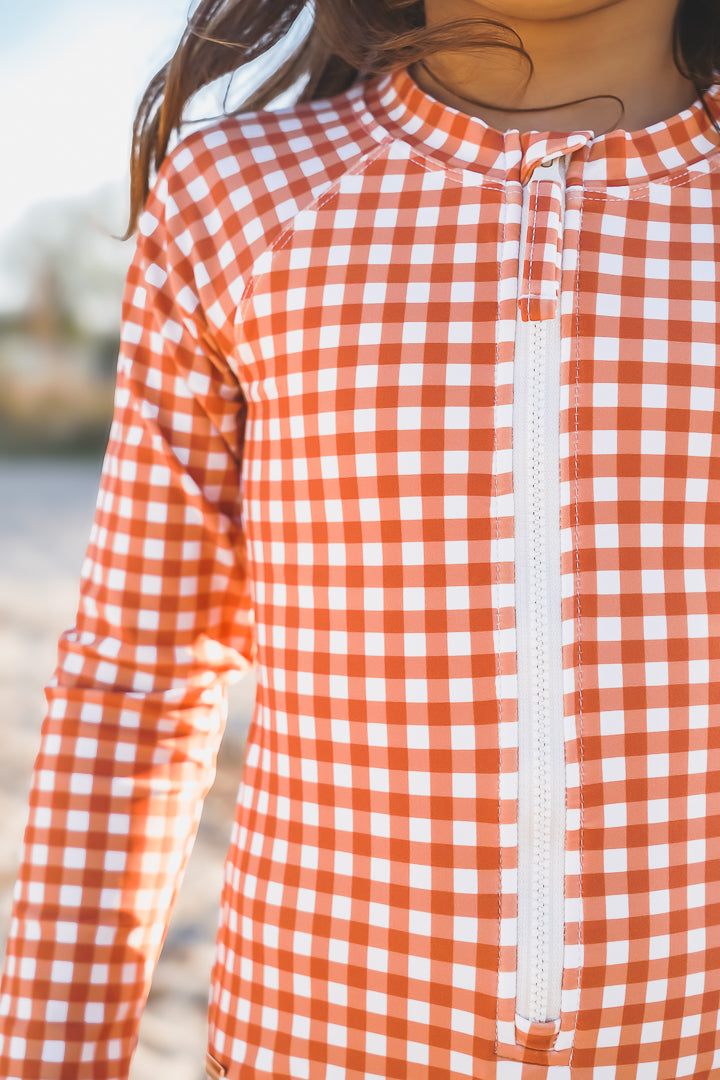 Long Sleeve Rashguard Ruffle Swimsuit | UPF + Recycled - Sienna Gingham