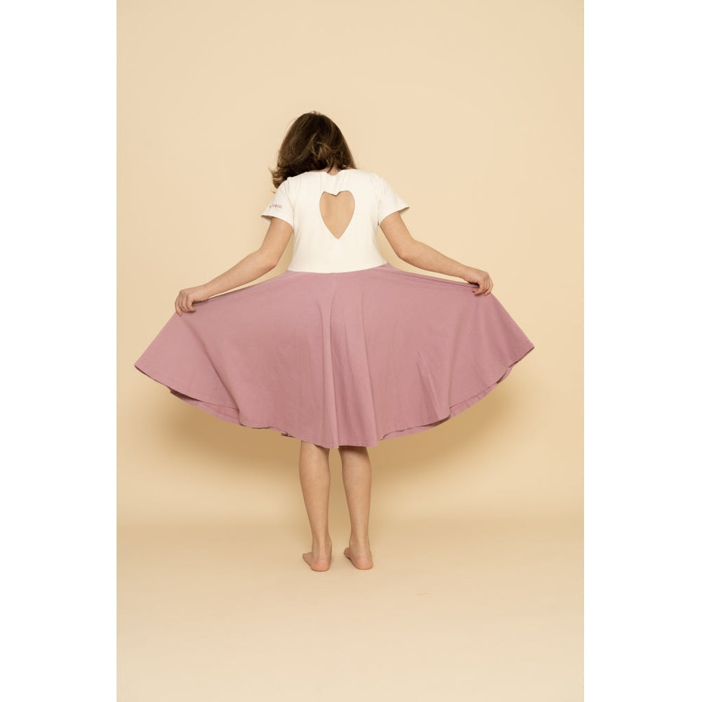GRECH & CO. Open Heart Twirl Dress | GOTS Clothing Creamy White, Mauve Rose