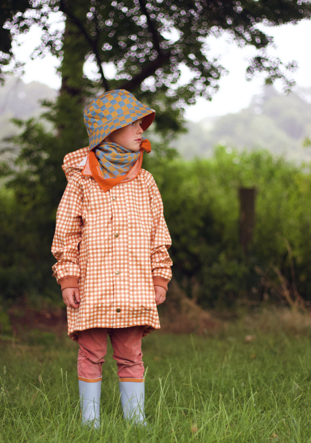 Head Scarf - Checks  Laguna + Wheat