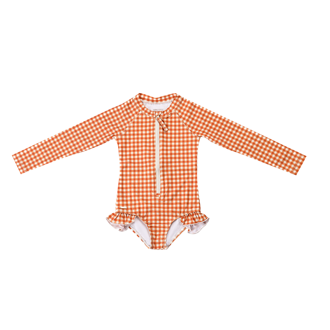 Long Sleeve Rashguard Ruffle Swimsuit | UPF + Recycled - Sienna Gingham